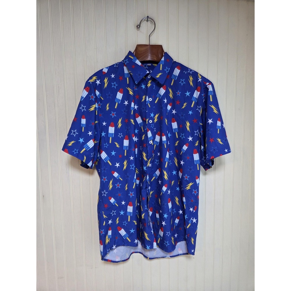 Enow Shirt Mens Large Patriotic Rocket Pop Print Short Sleeve Button Up 4th July - Picture 2 of 5